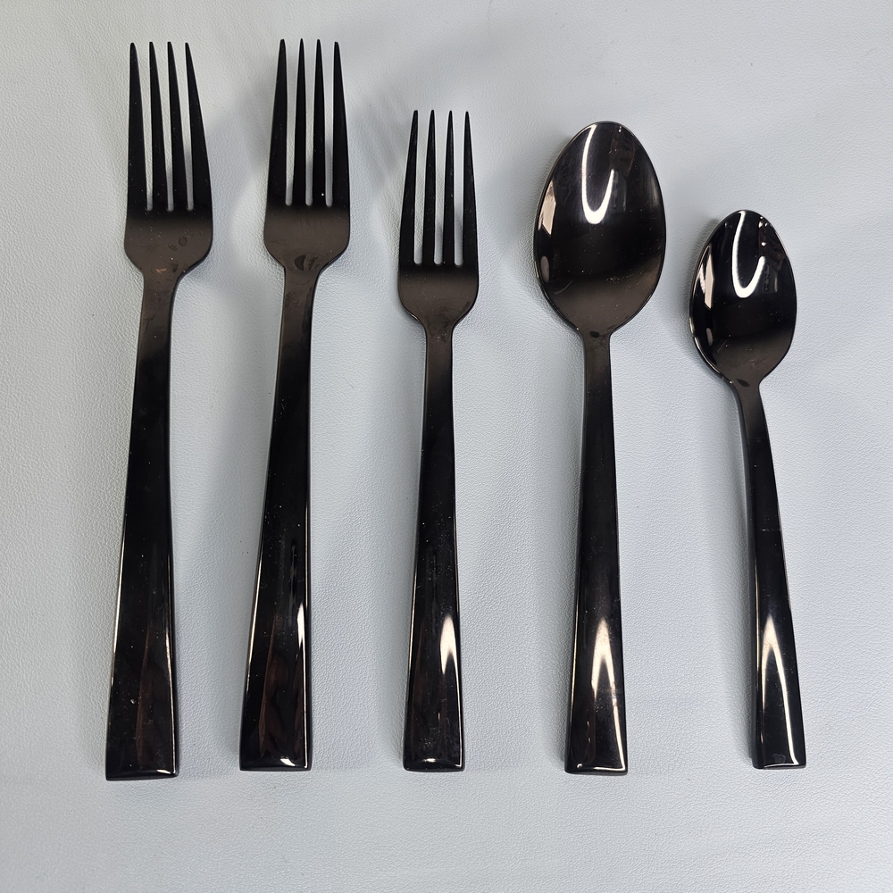 🔥 5-pc  Lenox COLEBROOK Black ONYX Glossy Stainless Steel 18/10 Deco Modern